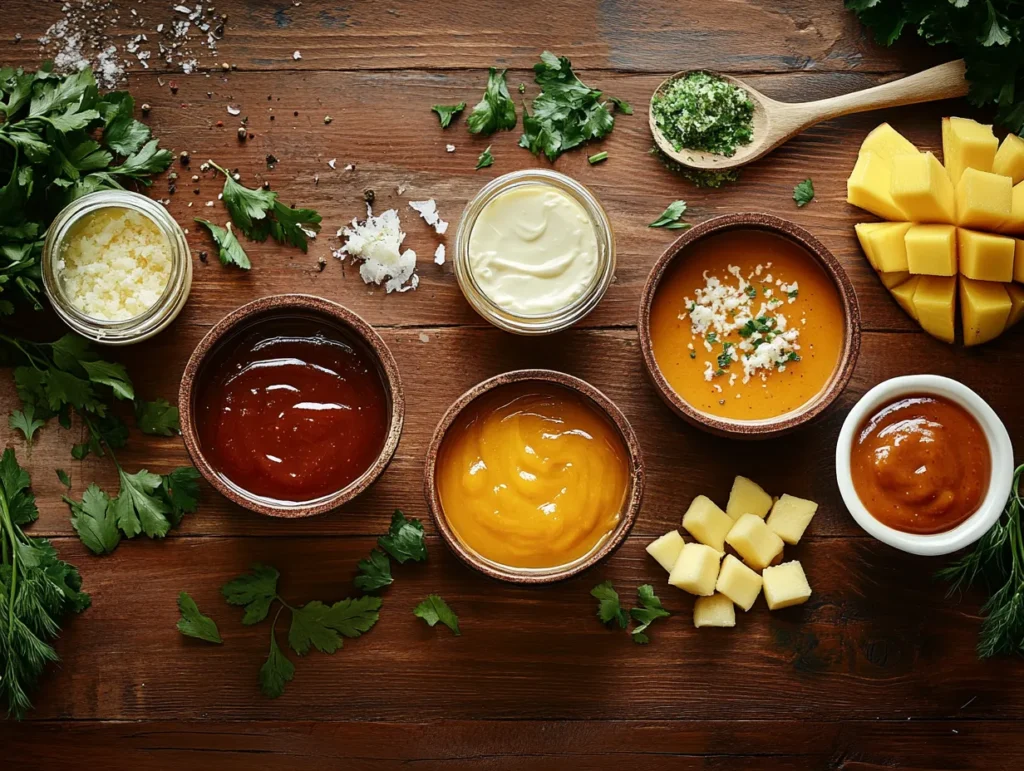 Assorted Buffalo Wild Wings sauces in bottles and bowls on a rustic table, showcasing a variety of flavors and spice levels.