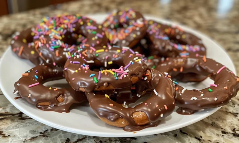 Chocolate Covered Pretzels, delicious stacked on a white plate, ready to serve.