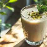 Cold yogurt drink in a glass with mint garnish, refreshing and healthy beverage rich in probiotics