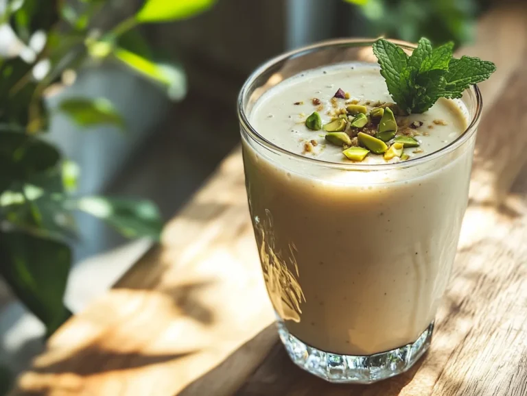 Cold yogurt drink in a glass with mint garnish, refreshing and healthy beverage rich in probiotics