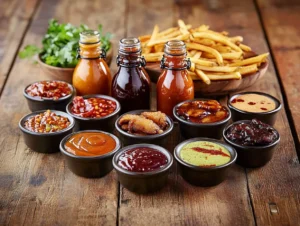 Assorted Buffalo Wild Wings sauces in bottles and bowls on a rustic table, showcasing a variety of flavors and spice levels.