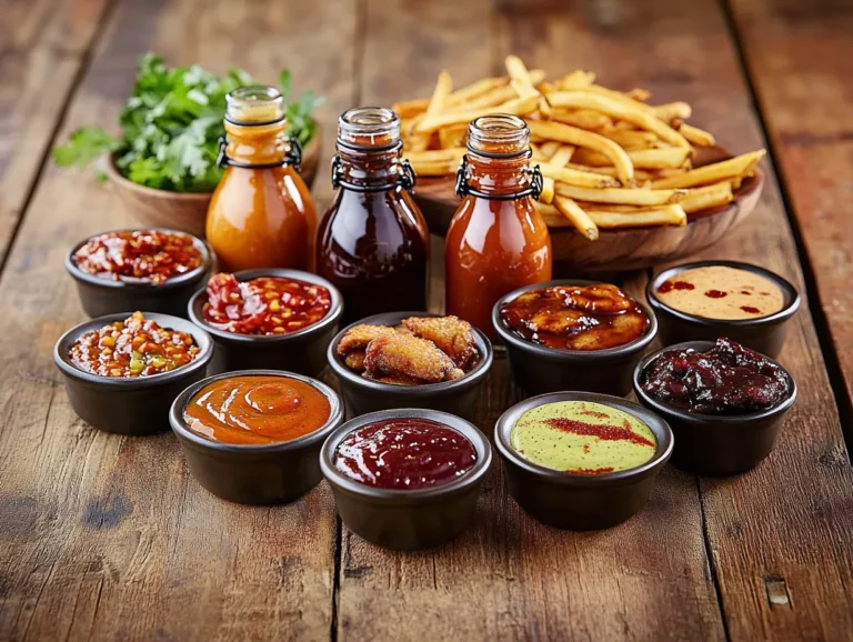 Assorted Buffalo Wild Wings sauces in bottles and bowls on a rustic table, showcasing a variety of flavors and spice levels.