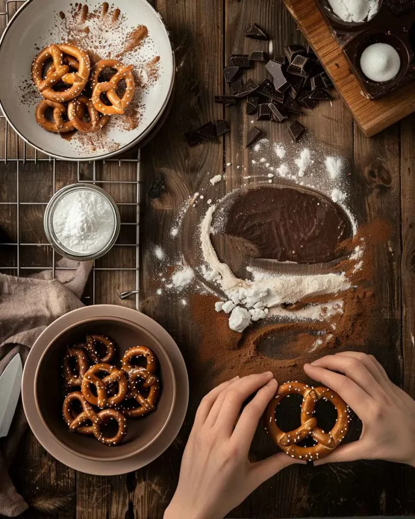 Chocolate Covered Pretzels, delicious stacked on a white plate, ready to serve.