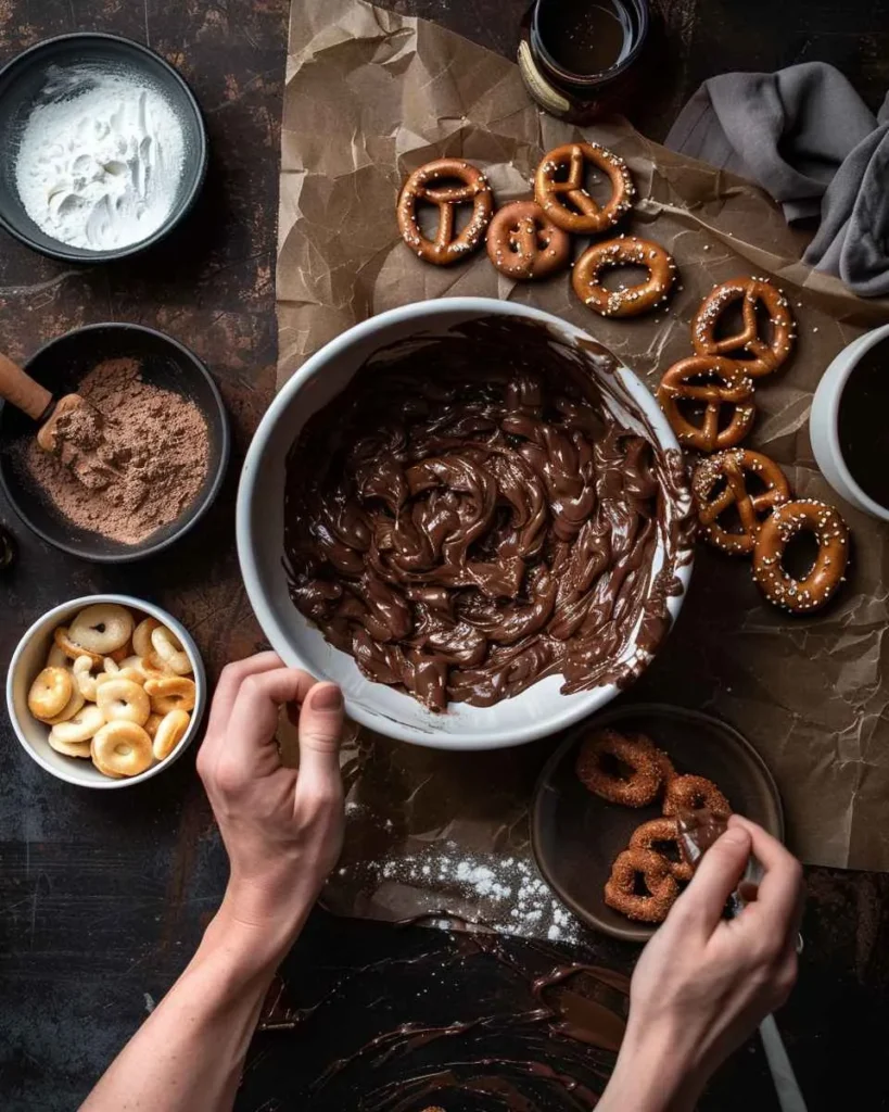 Chocolate Covered Pretzels, delicious stacked on a white plate, ready to serve.