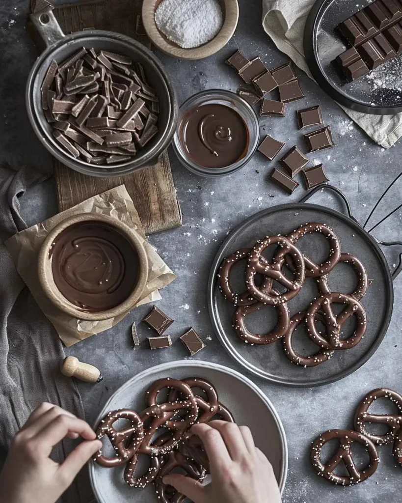 Chocolate Covered Pretzels, delicious stacked on a white plate, ready to serve.